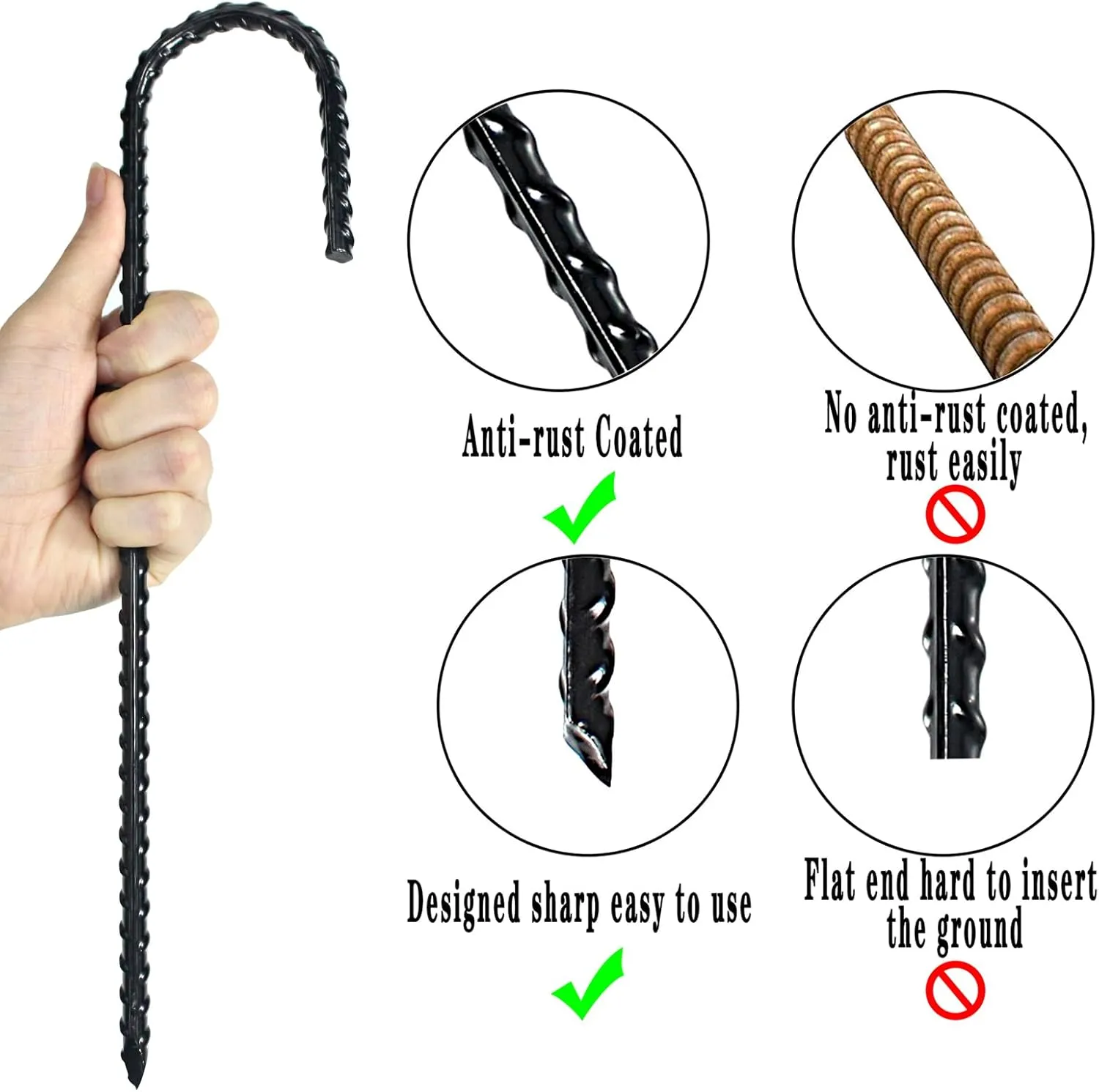 12 Inch Rebar Stakes Heavy Duty J Hook, Coated Steel Ground Stakes Tent Stakes Ground Anchors for Chain Link Fence Stakes and Trampoline Stakes (12)
