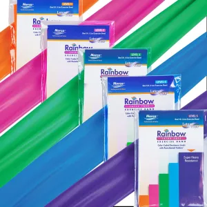 3 or 5 Pack Resistance Band Sets. Latex-Free Norco Rainbow Exercise Band. Odor and Powder free Band available in 5 Levels, Light to Super Heavy. 5 Ft length Workout Band Multi-Packs for Progressive Re