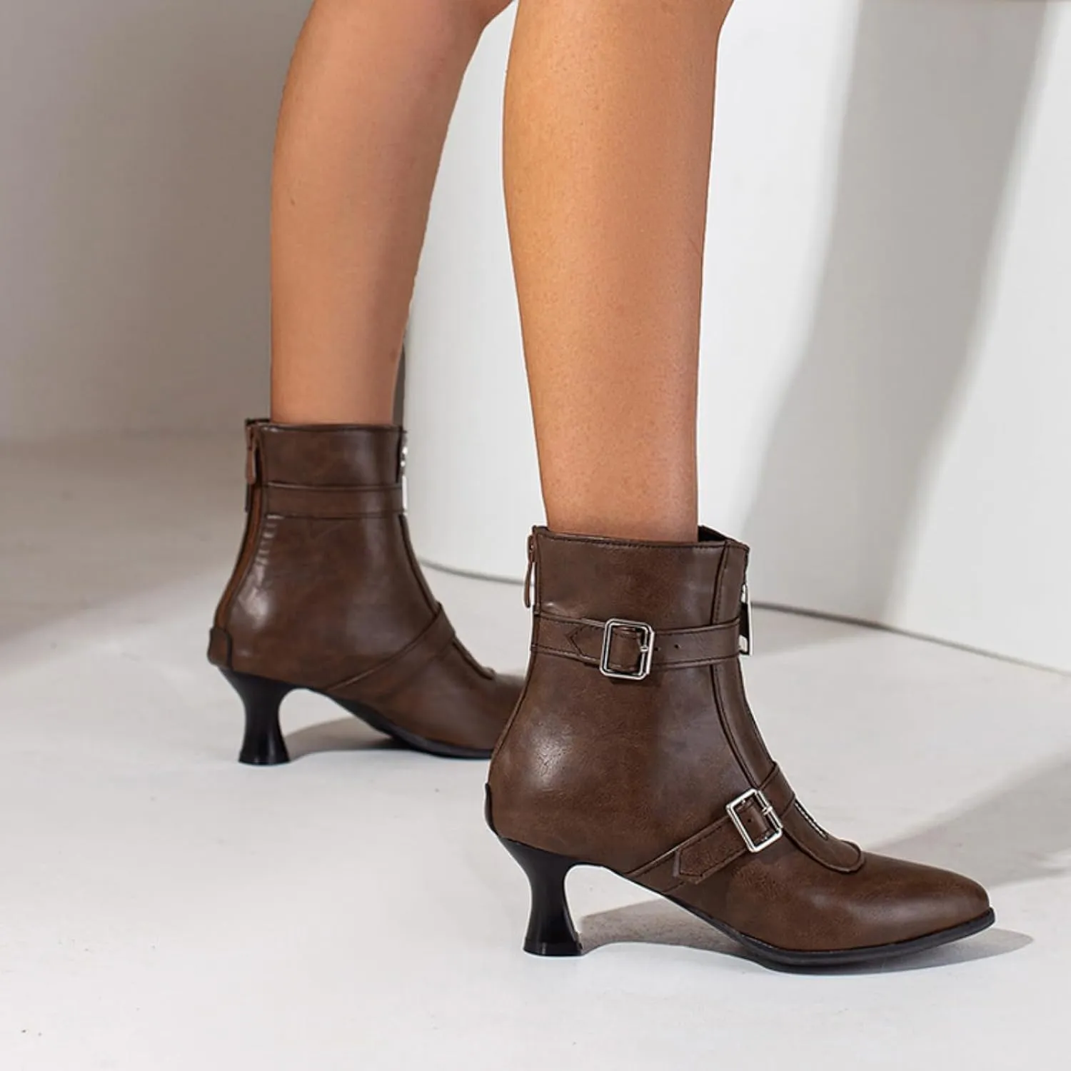 Aflngle Women's Sexy Kitten Low Heel Back Zipper Ankle Boots Pointed Closed Toe Chunky Buckle Short Booties Fashion Evening Party Prom Dress Shoes