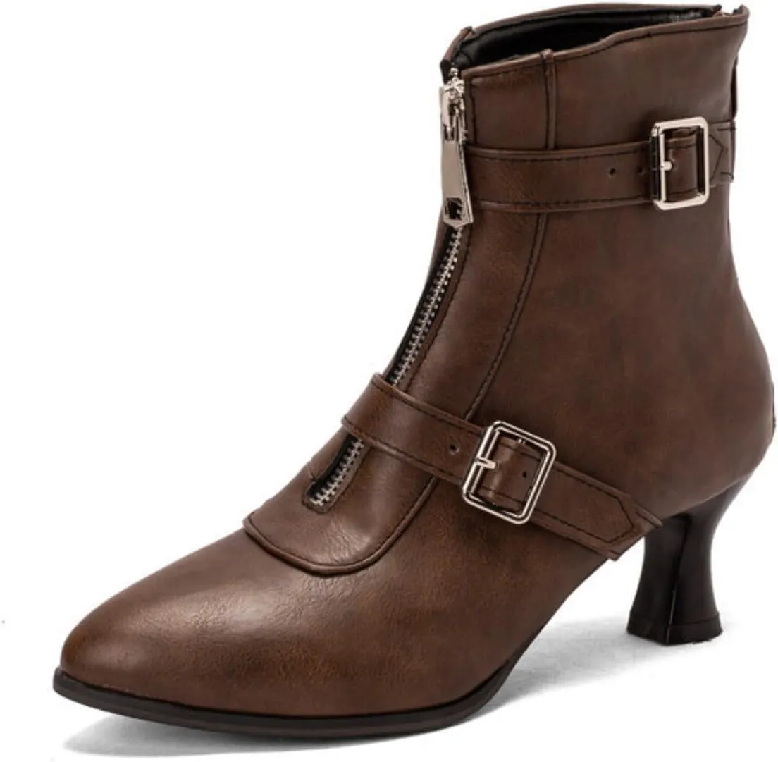 Aflngle Women's Sexy Kitten Low Heel Back Zipper Ankle Boots Pointed Closed Toe Chunky Buckle Short Booties Fashion Evening Party Prom Dress Shoes
