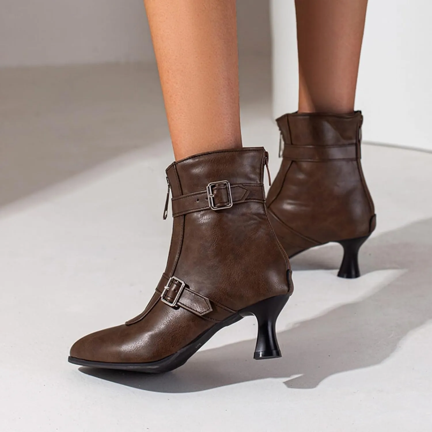 Aflngle Women's Sexy Kitten Low Heel Back Zipper Ankle Boots Pointed Closed Toe Chunky Buckle Short Booties Fashion Evening Party Prom Dress Shoes