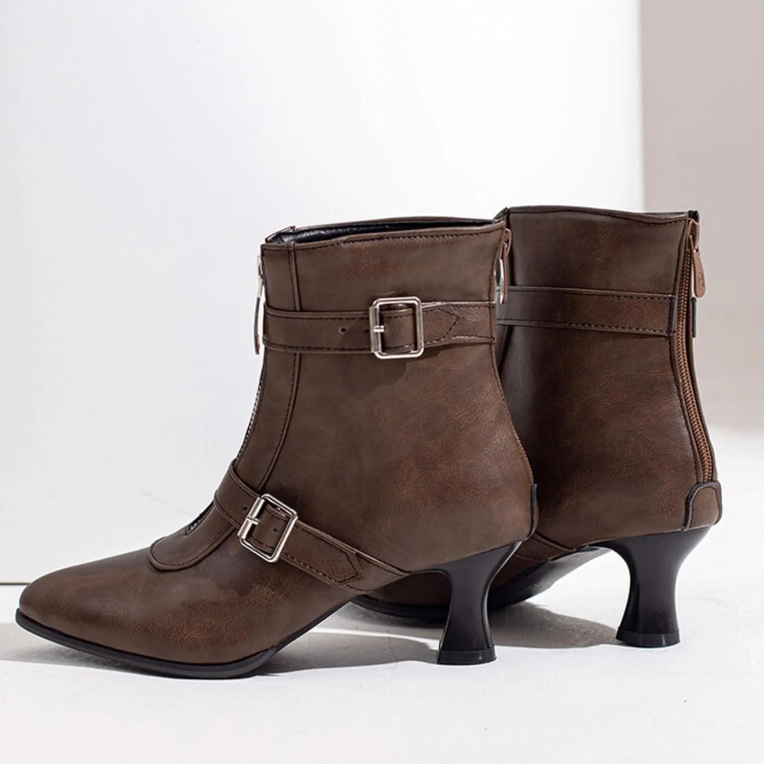 Aflngle Women's Sexy Kitten Low Heel Back Zipper Ankle Boots Pointed Closed Toe Chunky Buckle Short Booties Fashion Evening Party Prom Dress Shoes