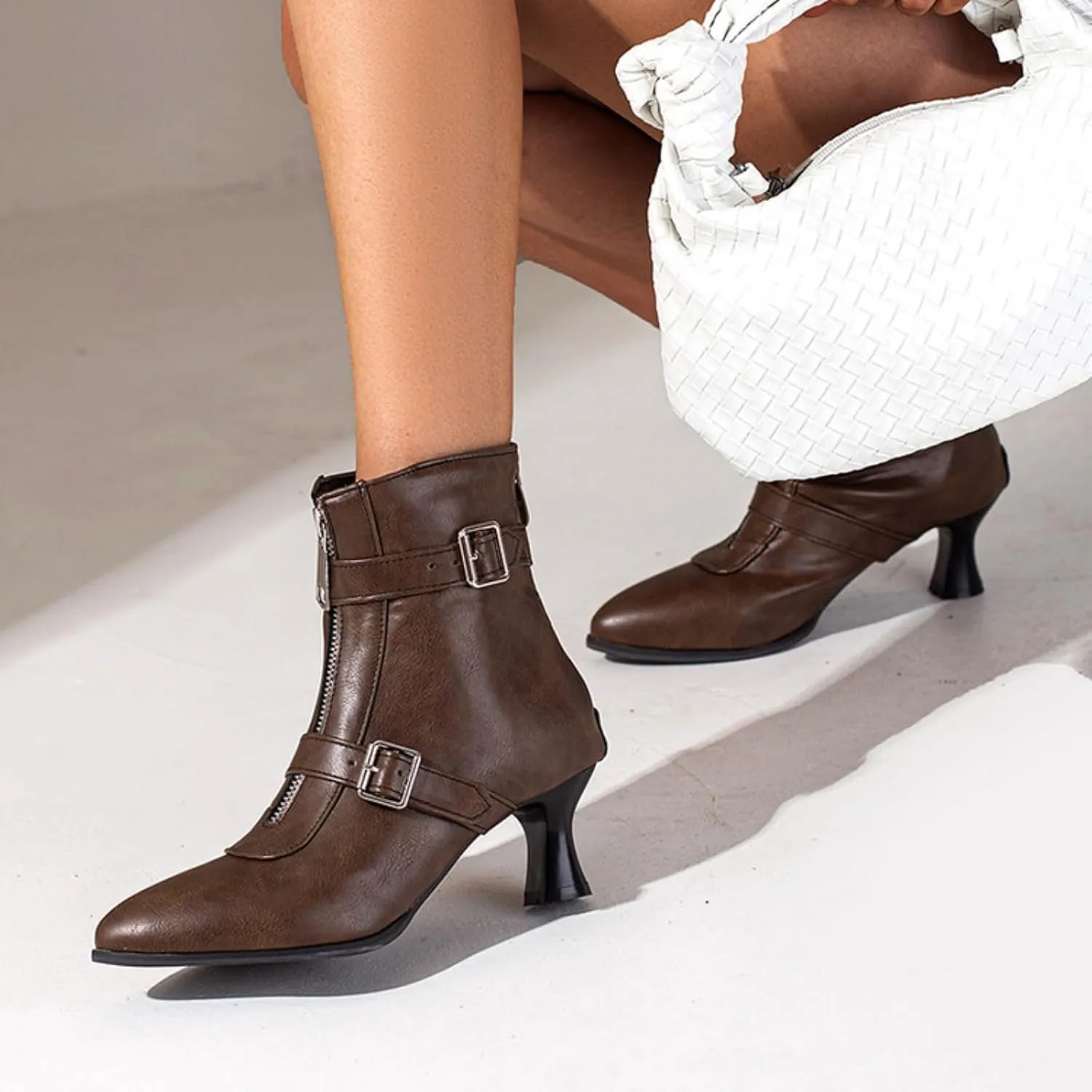 Aflngle Women's Sexy Kitten Low Heel Back Zipper Ankle Boots Pointed Closed Toe Chunky Buckle Short Booties Fashion Evening Party Prom Dress Shoes