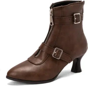 Aflngle Women's Sexy Kitten Low Heel Back Zipper Ankle Boots Pointed Closed Toe Chunky Buckle Short Booties Fashion Evening Party Prom Dress Shoes