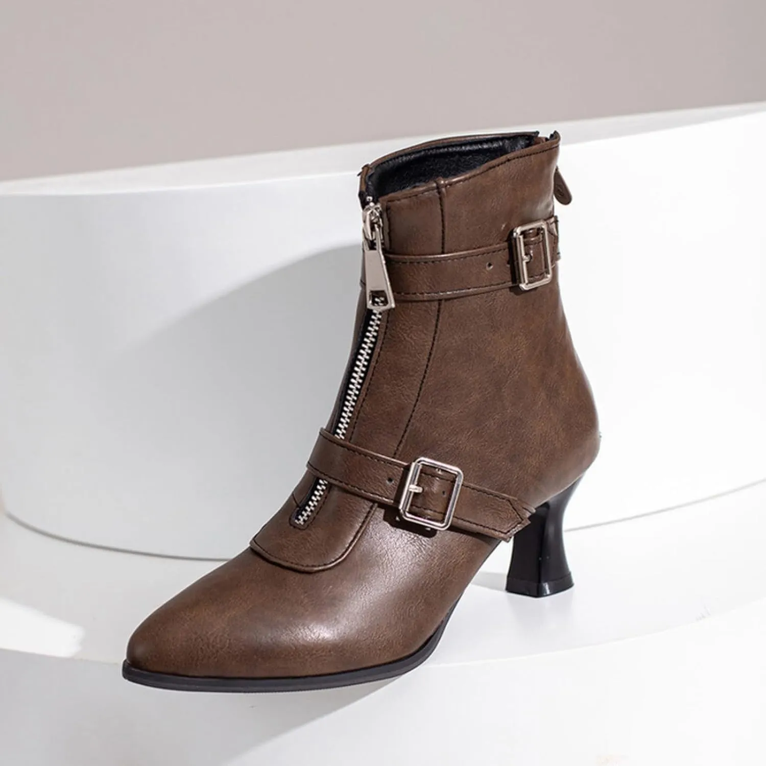 Aflngle Women's Sexy Kitten Low Heel Back Zipper Ankle Boots Pointed Closed Toe Chunky Buckle Short Booties Fashion Evening Party Prom Dress Shoes
