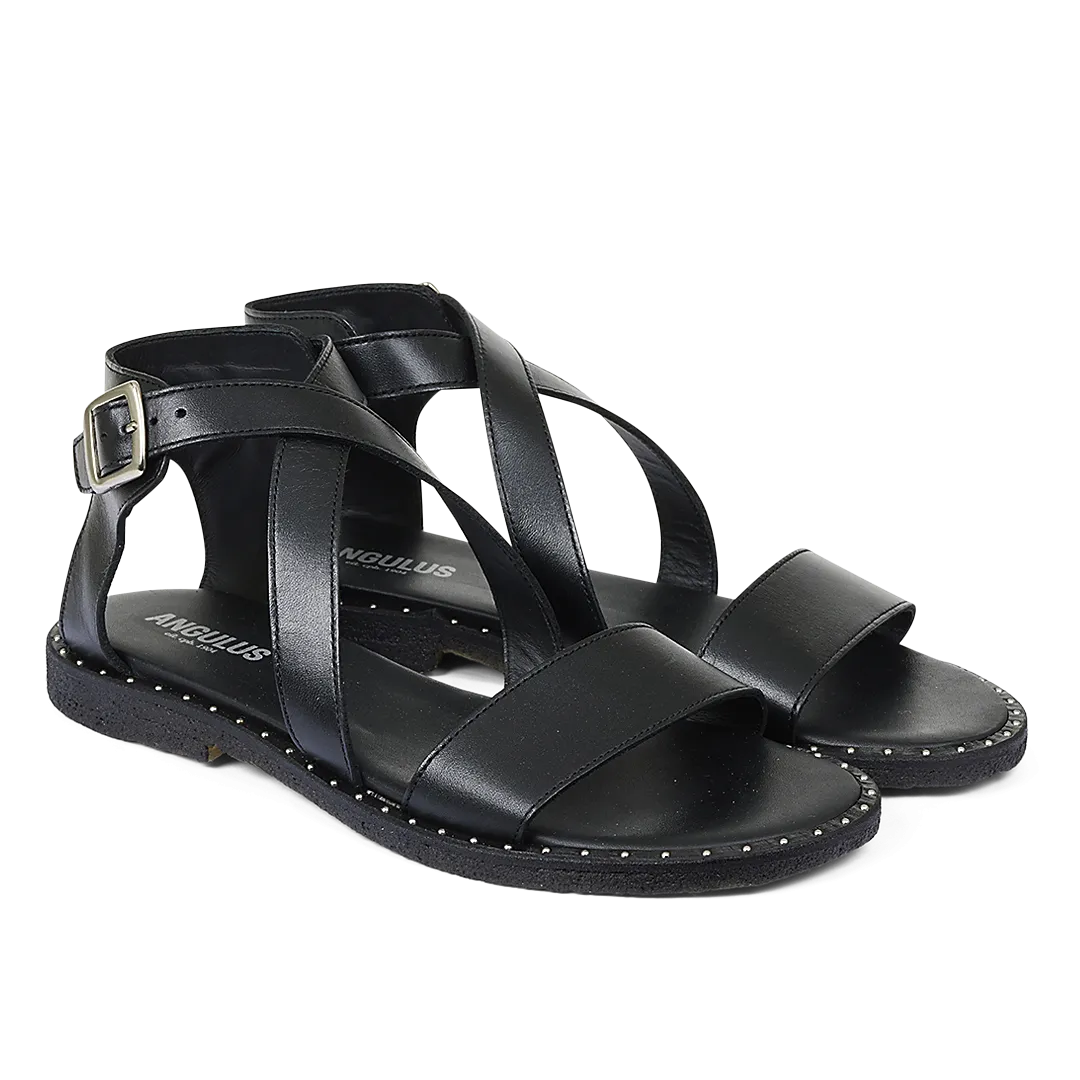 Angulus Silver Buckle Flat Sandal - Black