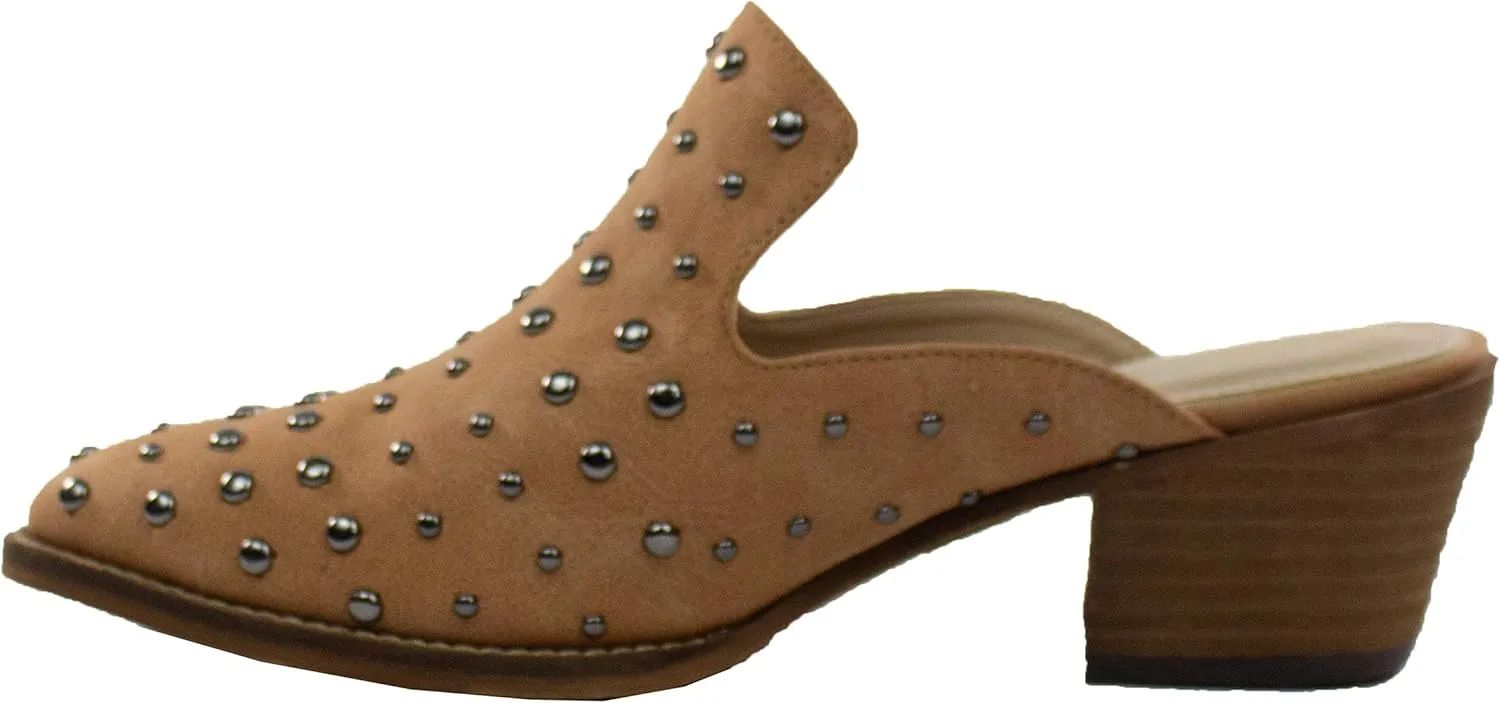 ARiderGirl Cara Studs Studded Stacked Heel Pointed Toe Mule Slip On Mules