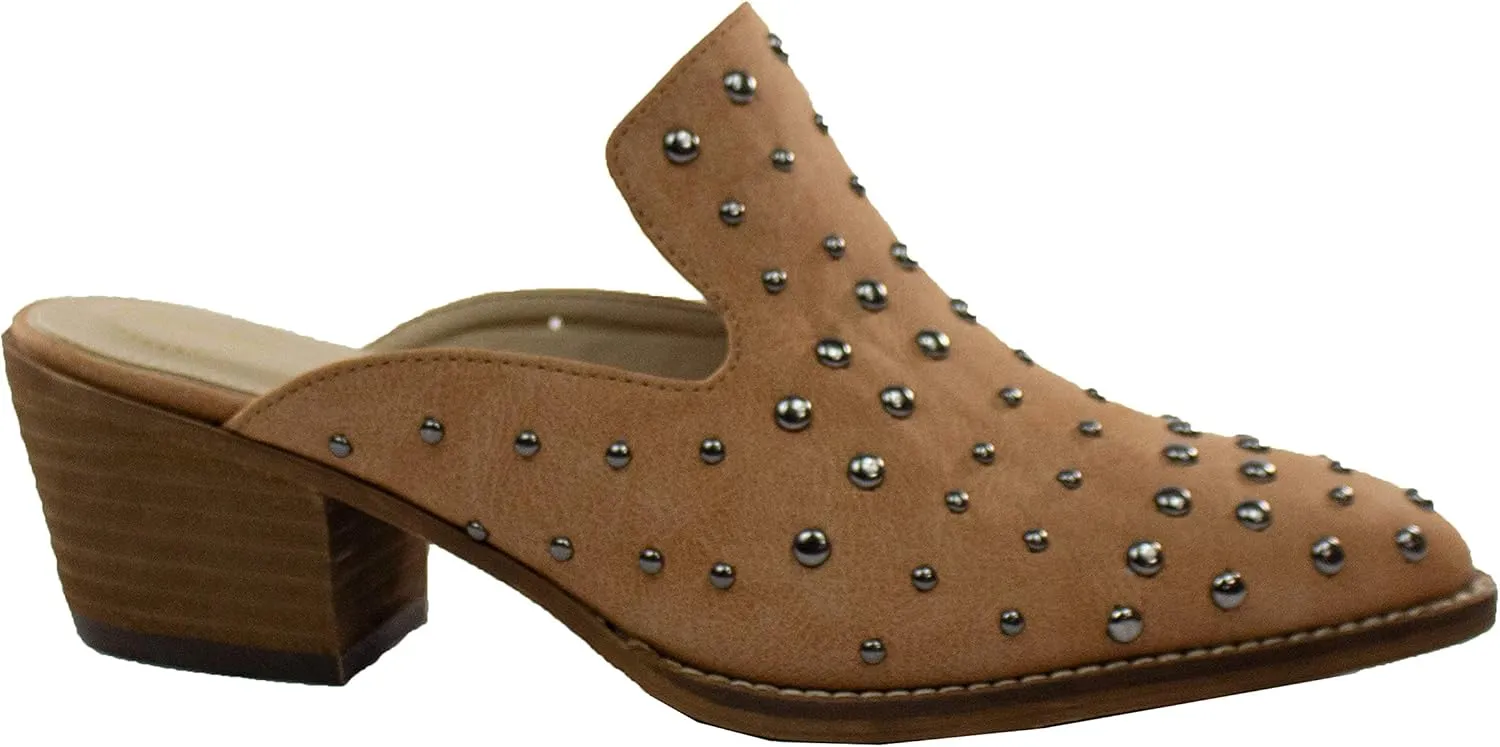 ARiderGirl Cara Studs Studded Stacked Heel Pointed Toe Mule Slip On Mules