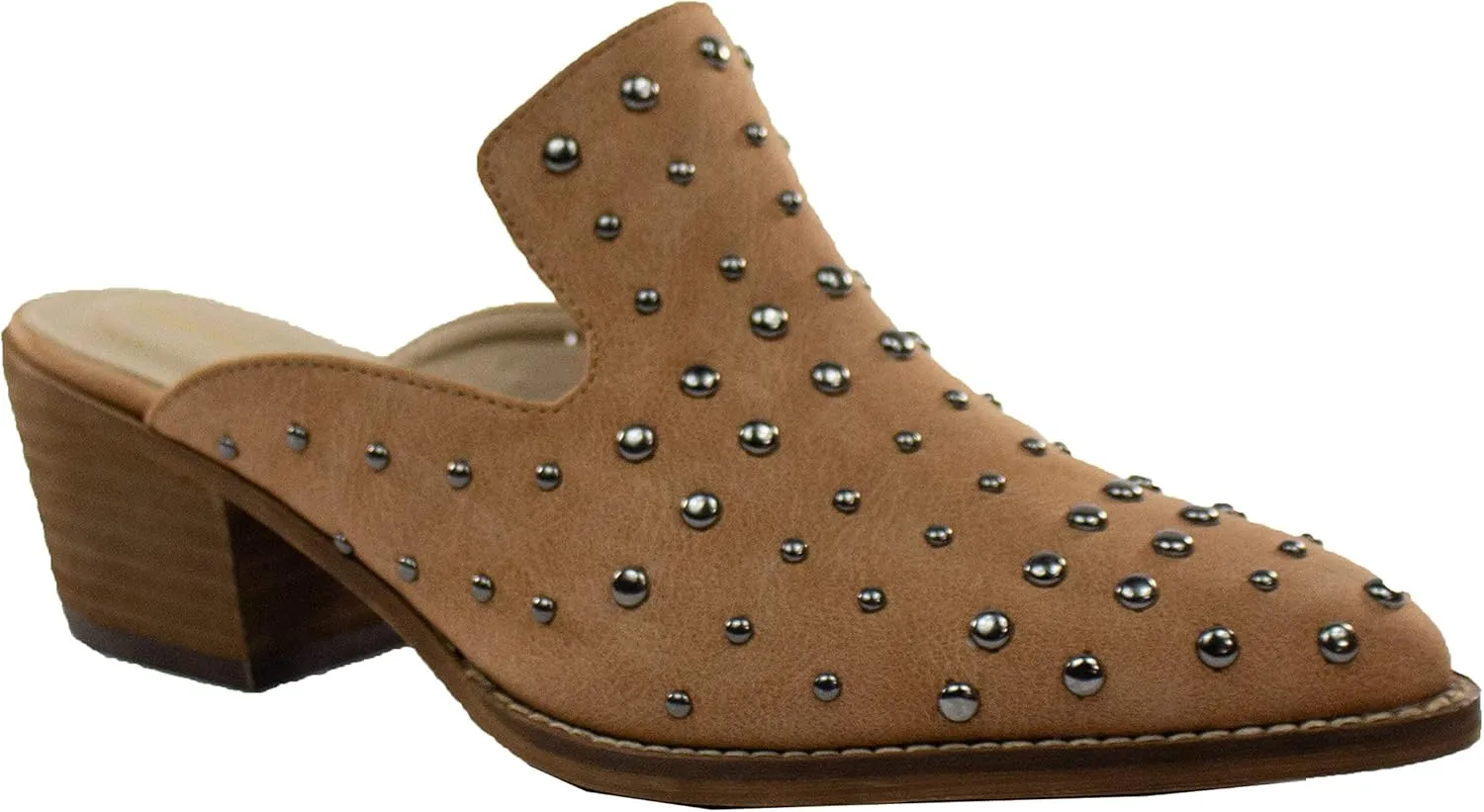 ARiderGirl Cara Studs Studded Stacked Heel Pointed Toe Mule Slip On Mules