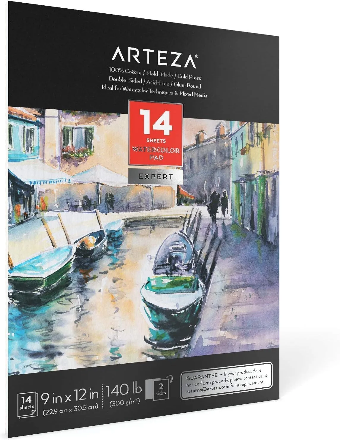 ARTEZA Watercolor Paper, 14 Sheets, 9x12 Inches Watercolor Pad, 140lb/300gsm, 100% Cotton, Double-Sided, Cold Press, Acid Free Art Paper
