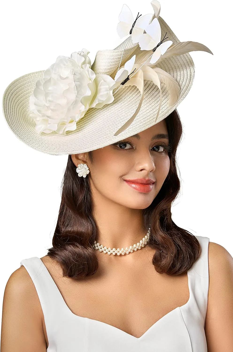 BABEYOND Tea Party Fascinator Hat for Women Kentucky Headwear Derby Wide Brim Butterfly Church Hat for Cocktail Wedding