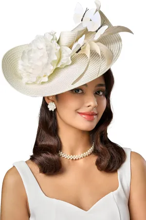 BABEYOND Tea Party Fascinator Hat for Women Kentucky Headwear Derby Wide Brim Butterfly Church Hat for Cocktail Wedding