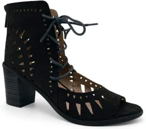 Breckelle's Gabby Lasercut Stacked Chunky Heel Peep Toe Sandal (Black Ts, 5.5)