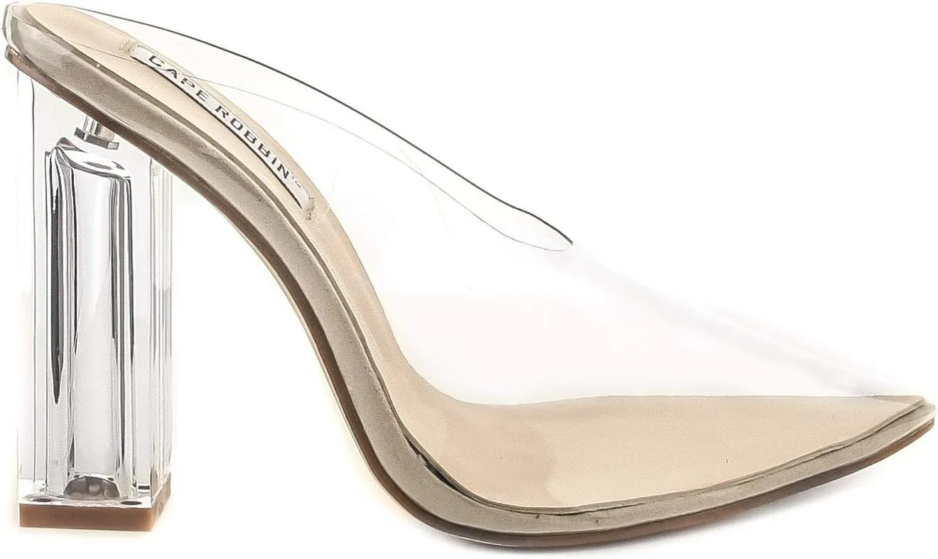 Cape Robbin Atom Women's Lucite Clear Block Chunky High Heel Closed Toe Open Back Slide Sandal