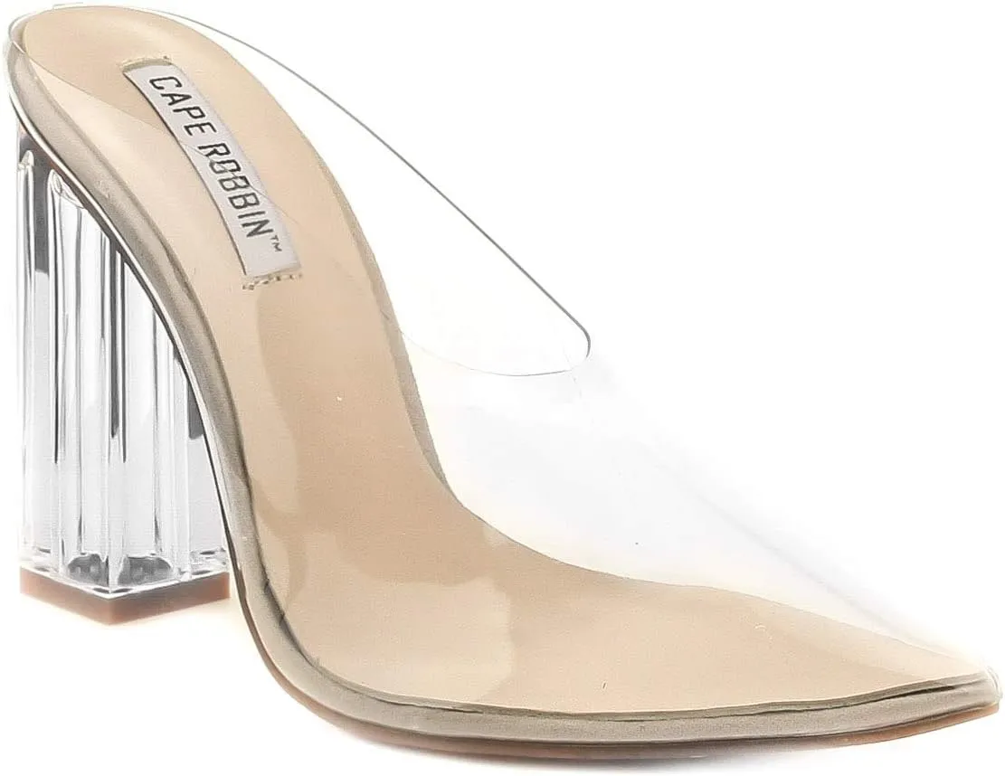 Cape Robbin Atom Women's Lucite Clear Block Chunky High Heel Closed Toe Open Back Slide Sandal