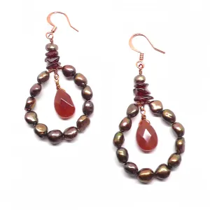 Carnelian Briolette Earrings Cultured Freshwater Pearl Hoop Amber Chips Pierced or Clip On