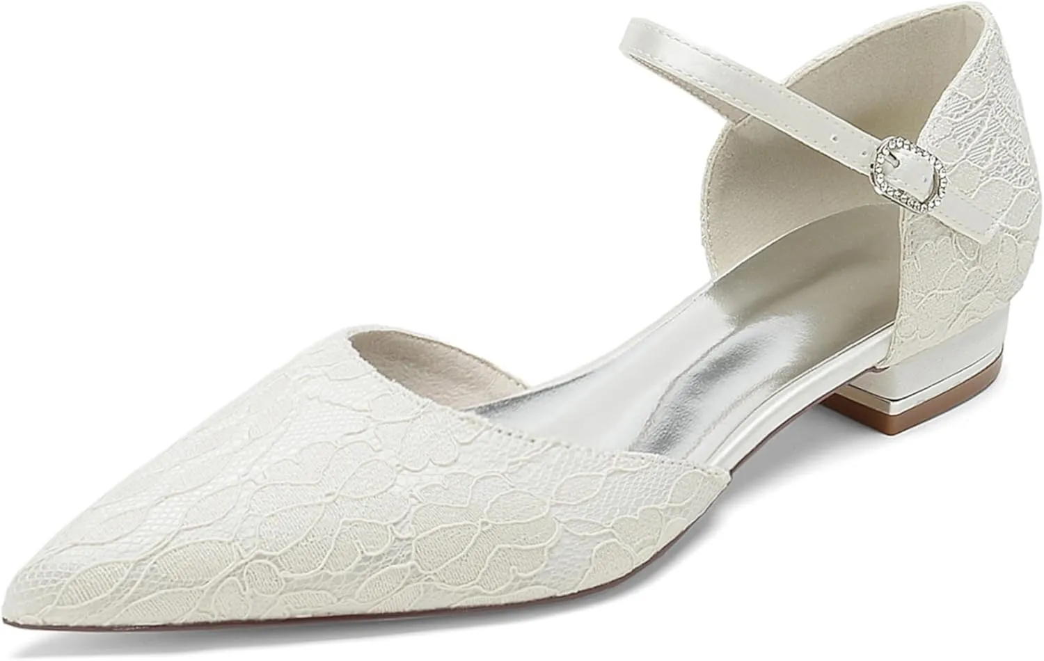 Comfort Flat Lace Wedding Shoes Bride Pointed Toe Ankle Buckle Strap Wedding Bridal Party Dress Flats2.5Cm