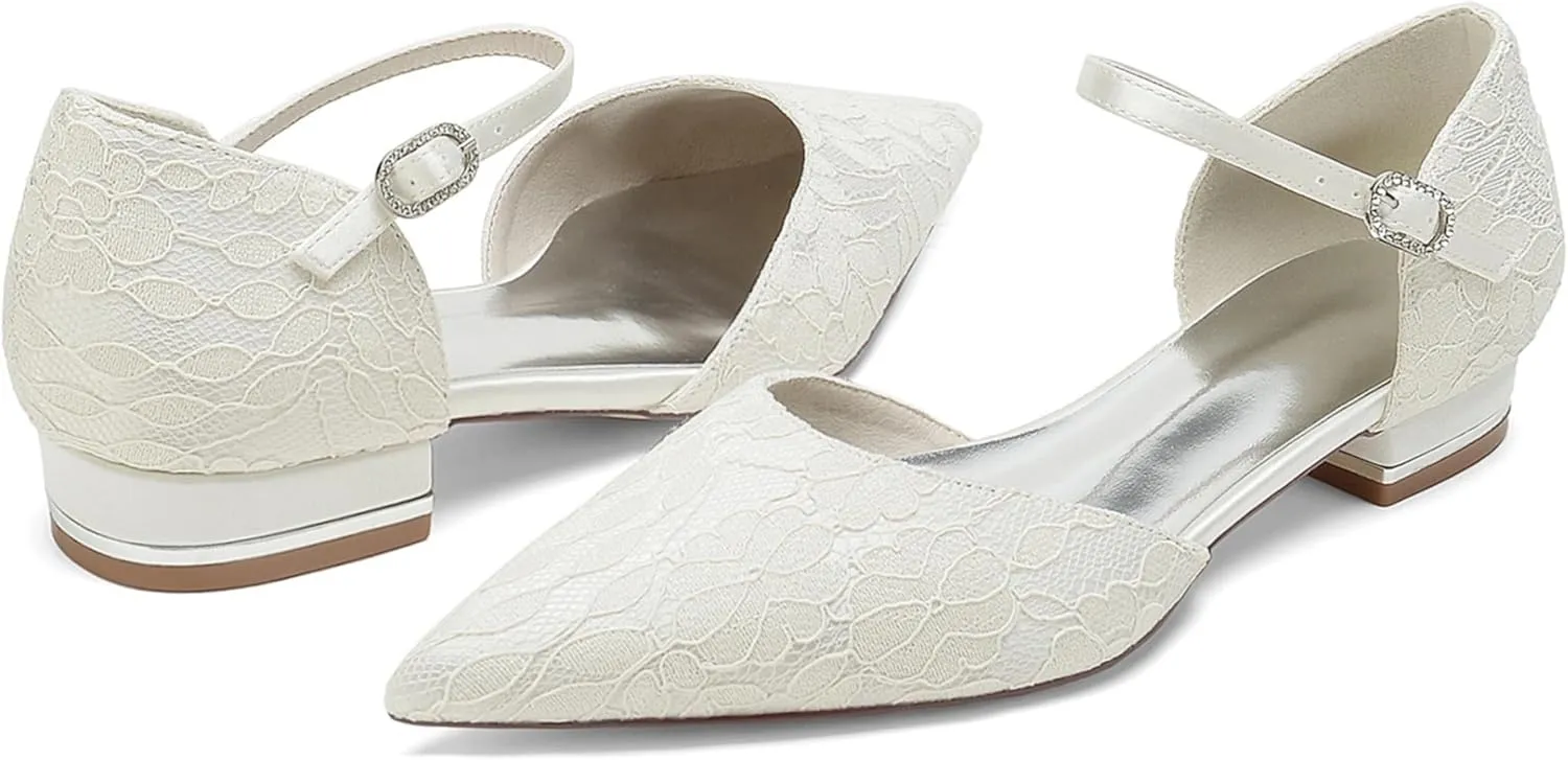 Comfort Flat Lace Wedding Shoes Bride Pointed Toe Ankle Buckle Strap Wedding Bridal Party Dress Flats2.5Cm