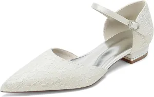 Comfort Flat Lace Wedding Shoes Bride Pointed Toe Ankle Buckle Strap Wedding Bridal Party Dress Flats2.5Cm