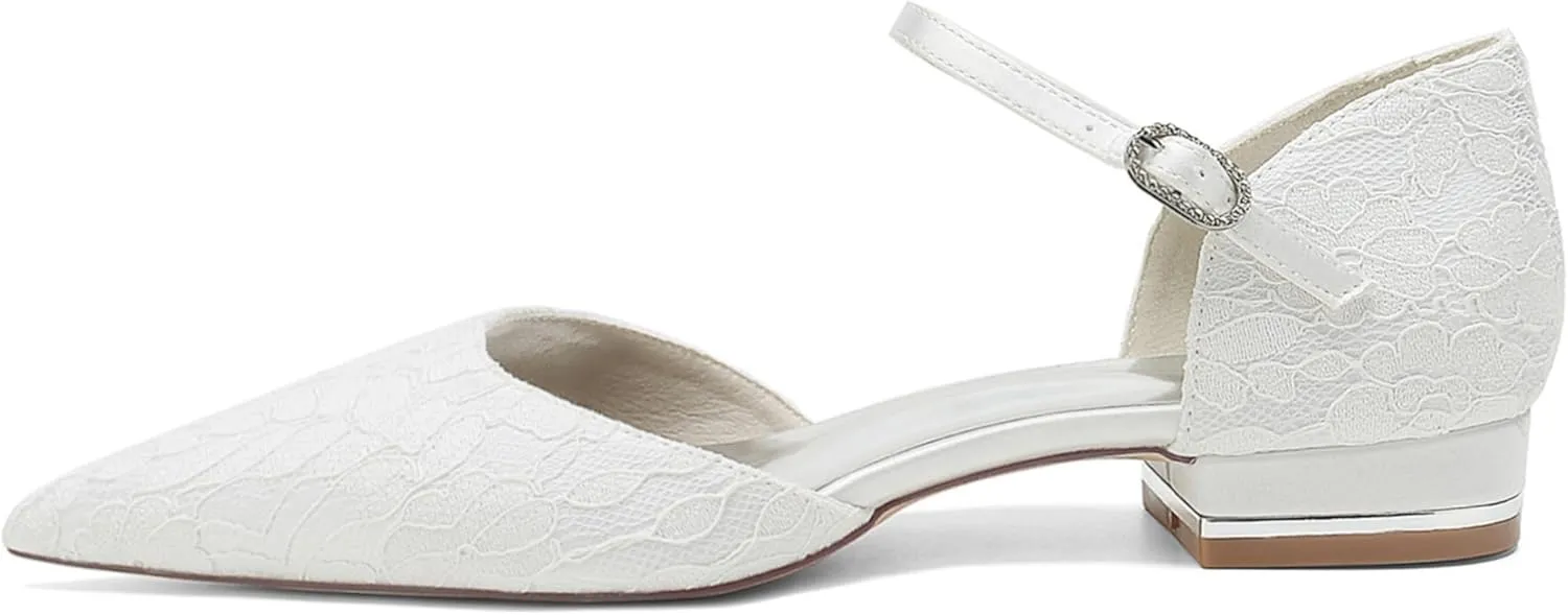 Comfort Flat Lace Wedding Shoes Bride Pointed Toe Ankle Buckle Strap Wedding Bridal Party Dress Flats2.5Cm