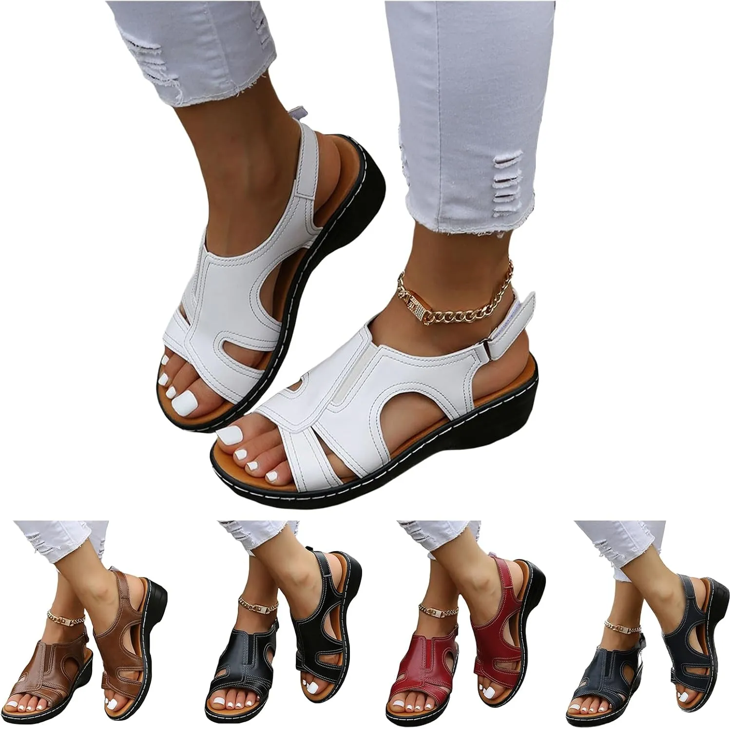 Comfortable Womens Orthopedic Sandals Open Toe Slingback Casual Slip On Low Heel Sandals Fashion Hook and Loop Closure Lightweight Summer Beach Walking Shoes