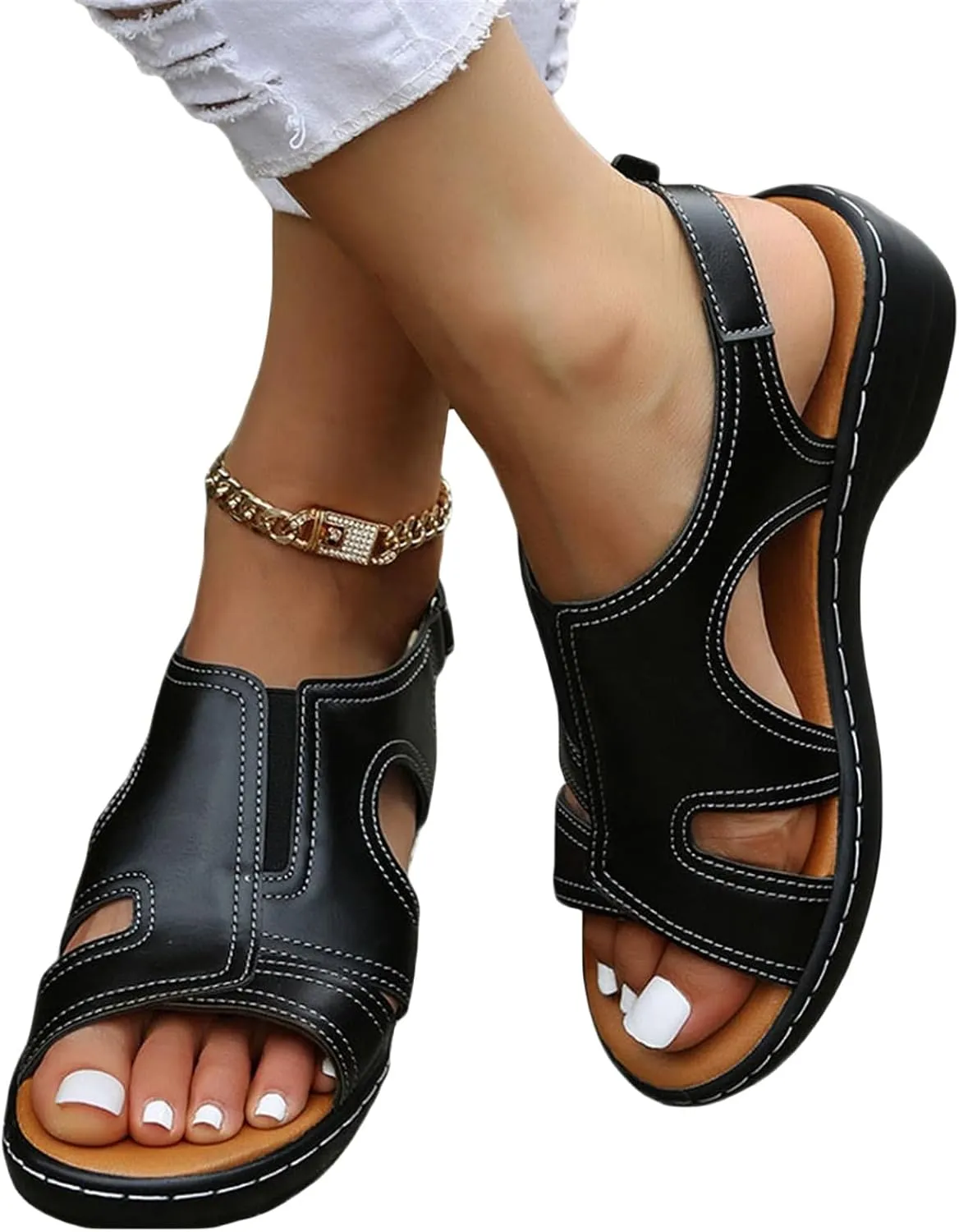 Comfortable Womens Orthopedic Sandals Open Toe Slingback Casual Slip On Low Heel Sandals Fashion Hook and Loop Closure Lightweight Summer Beach Walking Shoes