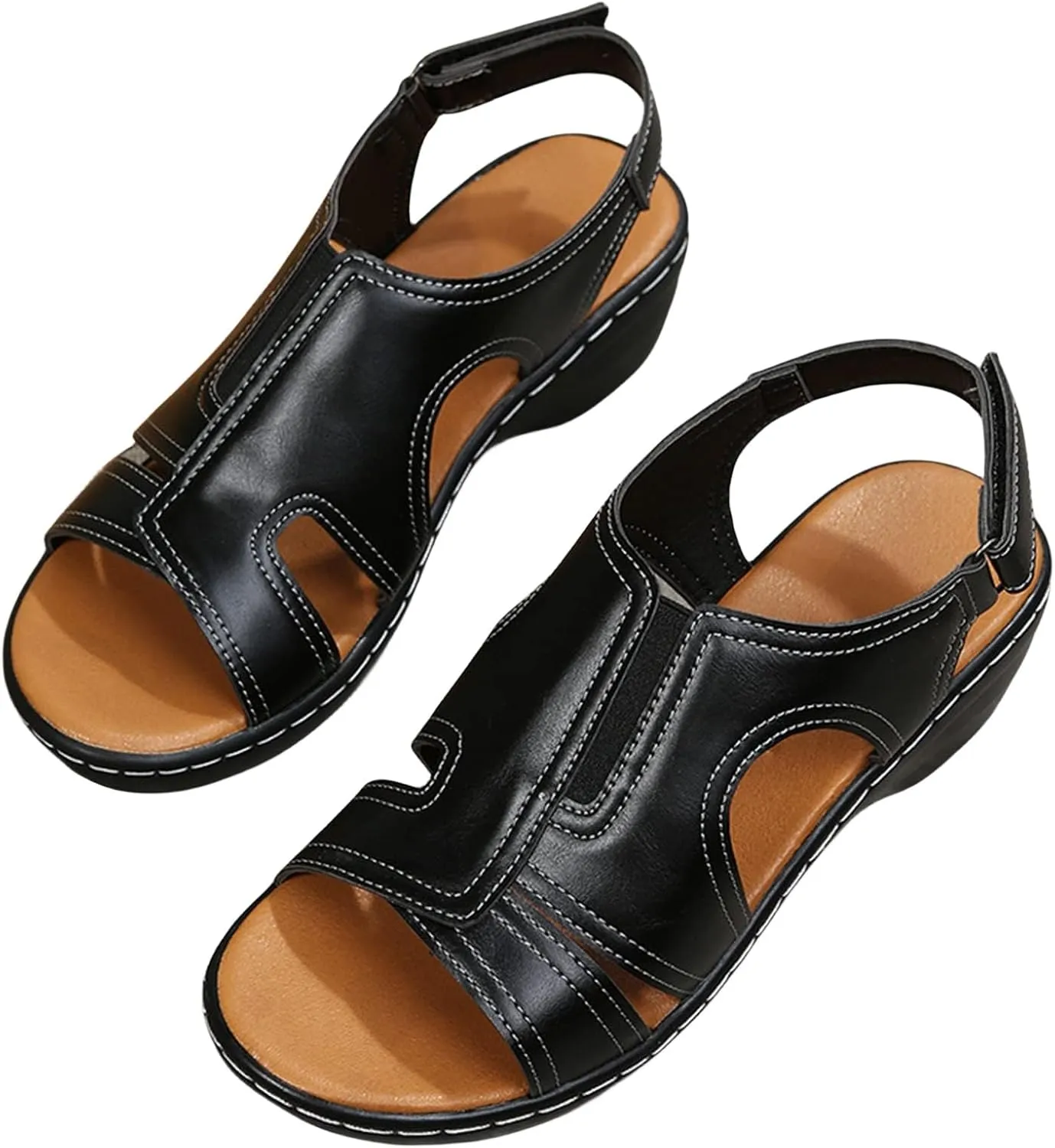 Comfortable Womens Orthopedic Sandals Open Toe Slingback Casual Slip On Low Heel Sandals Fashion Hook and Loop Closure Lightweight Summer Beach Walking Shoes