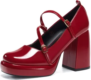 Coutgo Womens Mary Jane Heels Chunky Platform Loafer Shoes Block Heel Closed Square Toe Pumps Cross Strap High Heel Dress Shoes