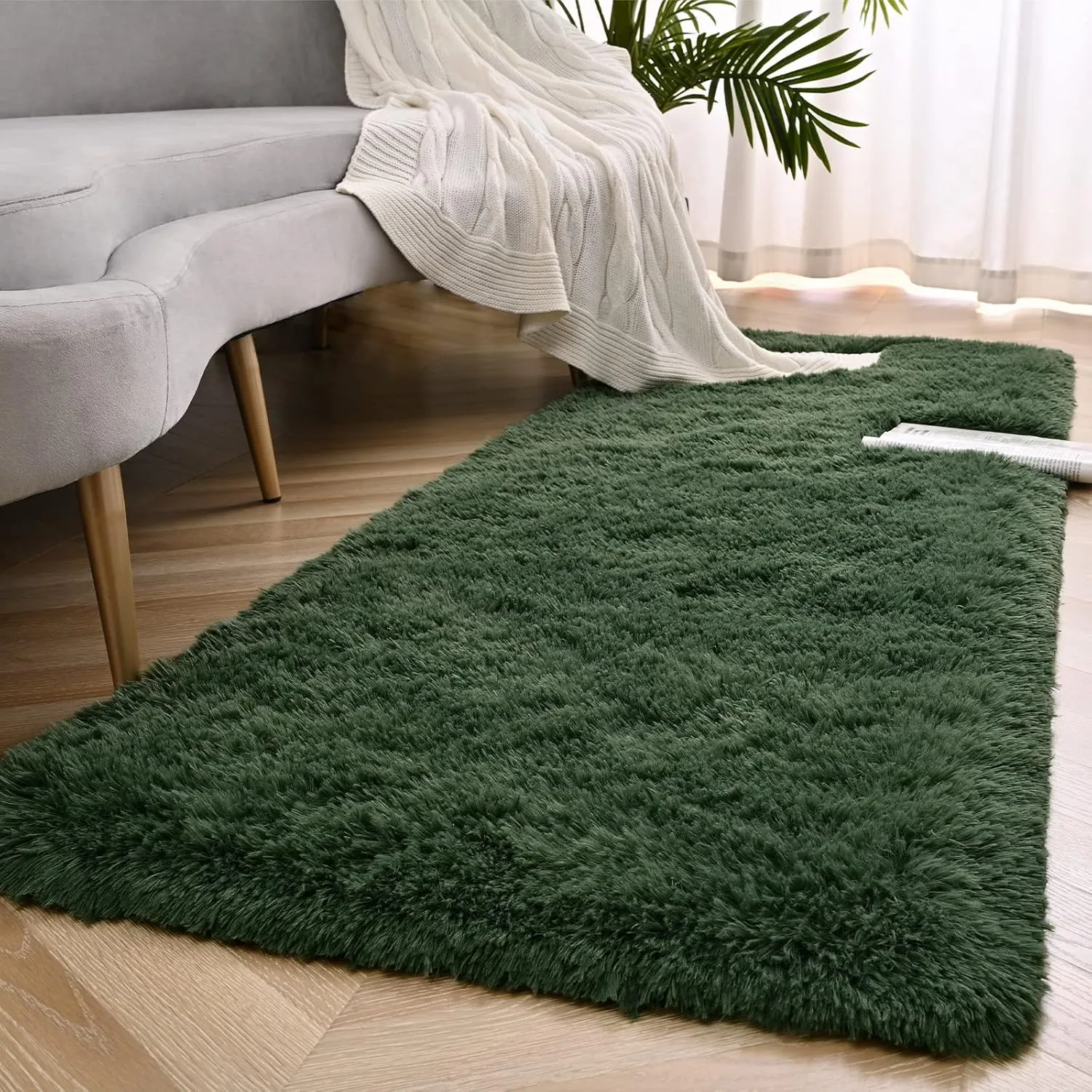 Deep Green Runner Area Rugs for Bedroom Living Room, 2x4 Feet Fluffy Bedside Rugs, Soft Shaggy Carpet Rug for Kids Room Nursery, Furry Rugs for Girls Boys Dorm Room Home Decor