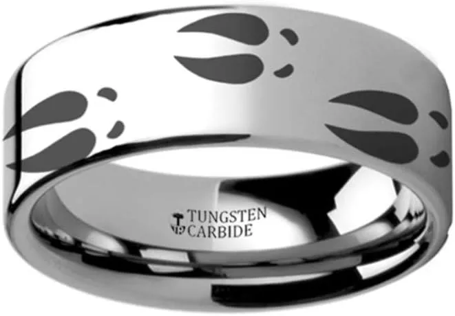 Deer Print Animal Track Ring Engraved Flat Tungsten Ring - 10mm Wide Band with Custom Engraving Personalized