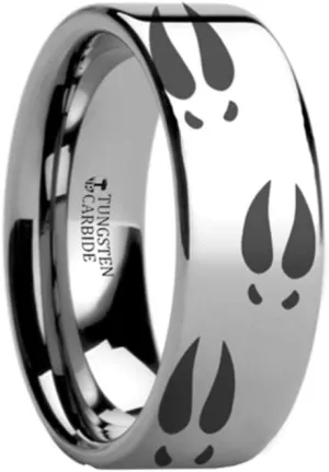 Deer Print Animal Track Ring Engraved Flat Tungsten Ring - 10mm Wide Band with Custom Engraving Personalized