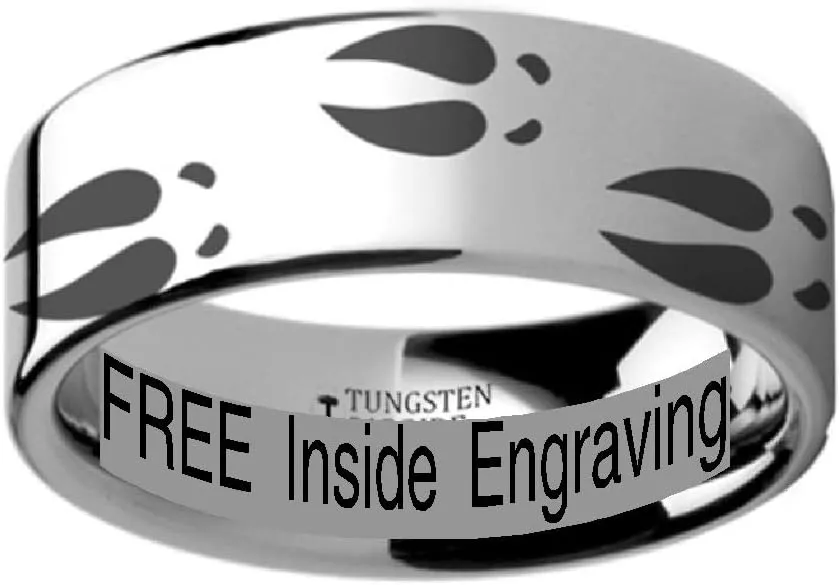 Deer Print Animal Track Ring Engraved Flat Tungsten Ring - 10mm Wide Band with Custom Engraving Personalized