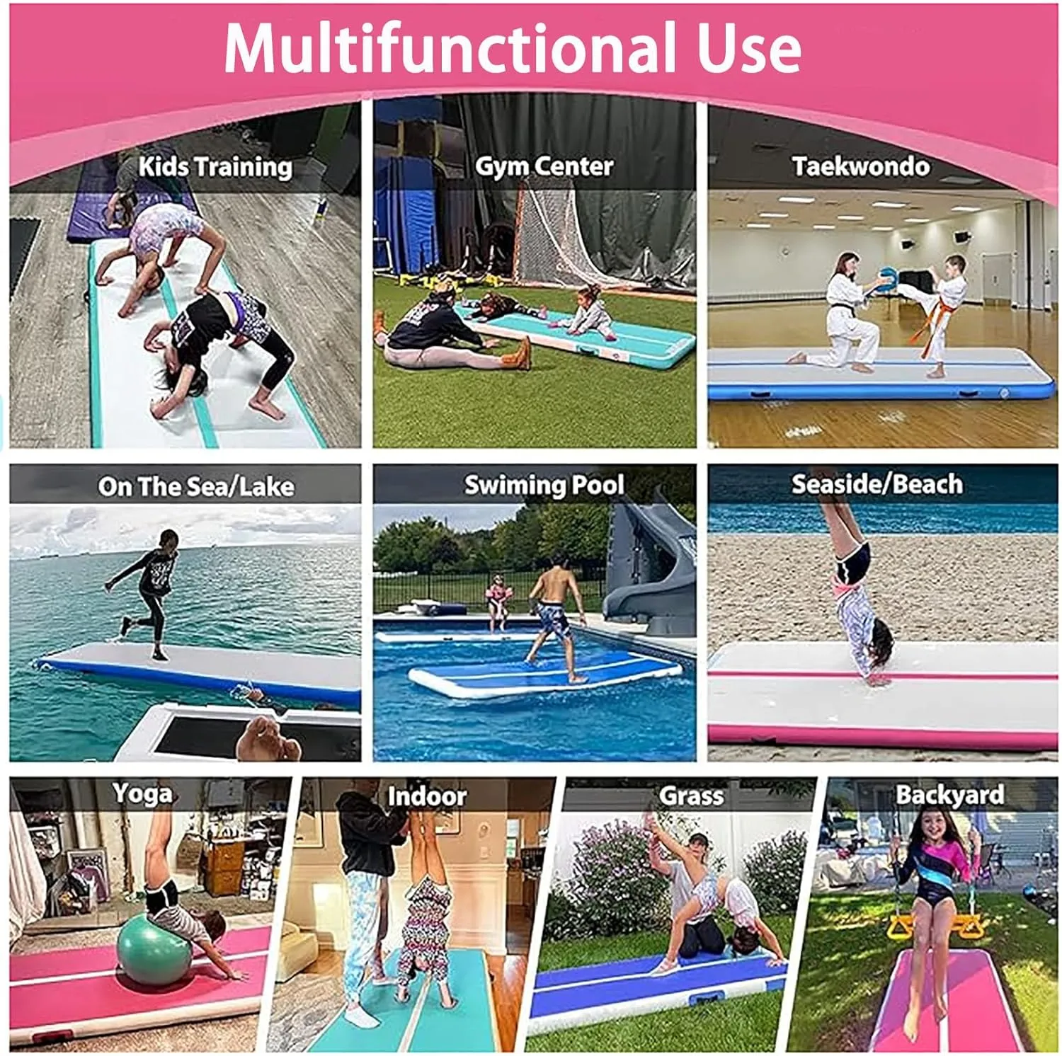 DOBESTS Inflatable Gymnastics Mat Air Track Tumbling Mats 6.6ft 10ft 13ft 16ft 20ft 4/8 Inch Thick Air Mat Tumble Track Air Barrel Gymnastics Roller Back Handspring Trainer