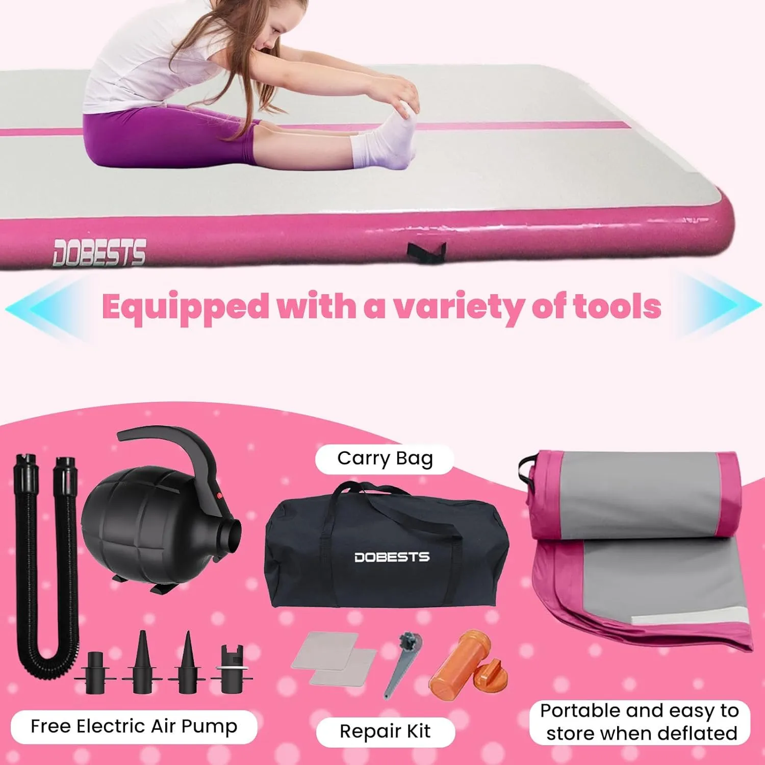 DOBESTS Inflatable Gymnastics Mat Air Track Tumbling Mats 6.6ft 10ft 13ft 16ft 20ft 4/8 Inch Thick Air Mat Tumble Track Air Barrel Gymnastics Roller Back Handspring Trainer
