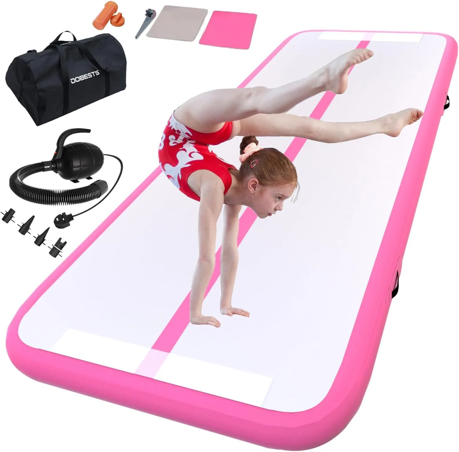 DOBESTS Inflatable Gymnastics Mat Air Track Tumbling Mats 6.6ft 10ft 13ft 16ft 20ft 4/8 Inch Thick Air Mat Tumble Track Air Barrel Gymnastics Roller Back Handspring Trainer
