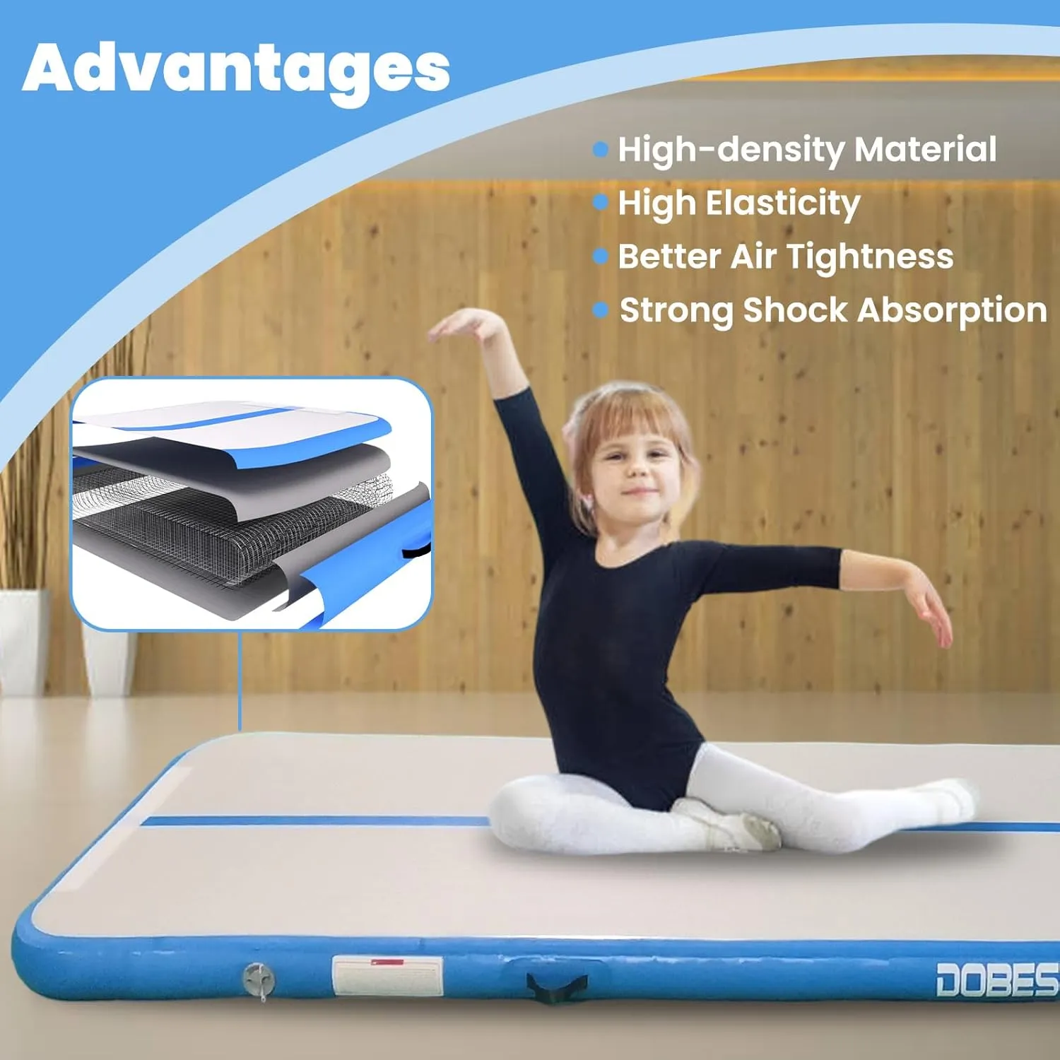 DOBESTS Inflatable Gymnastics Mat Air Track Tumbling Mats 6.6ft 10ft 13ft 16ft 20ft 4/8 Inch Thick Air Mat Tumble Track Air Barrel Gymnastics Roller Back Handspring Trainer