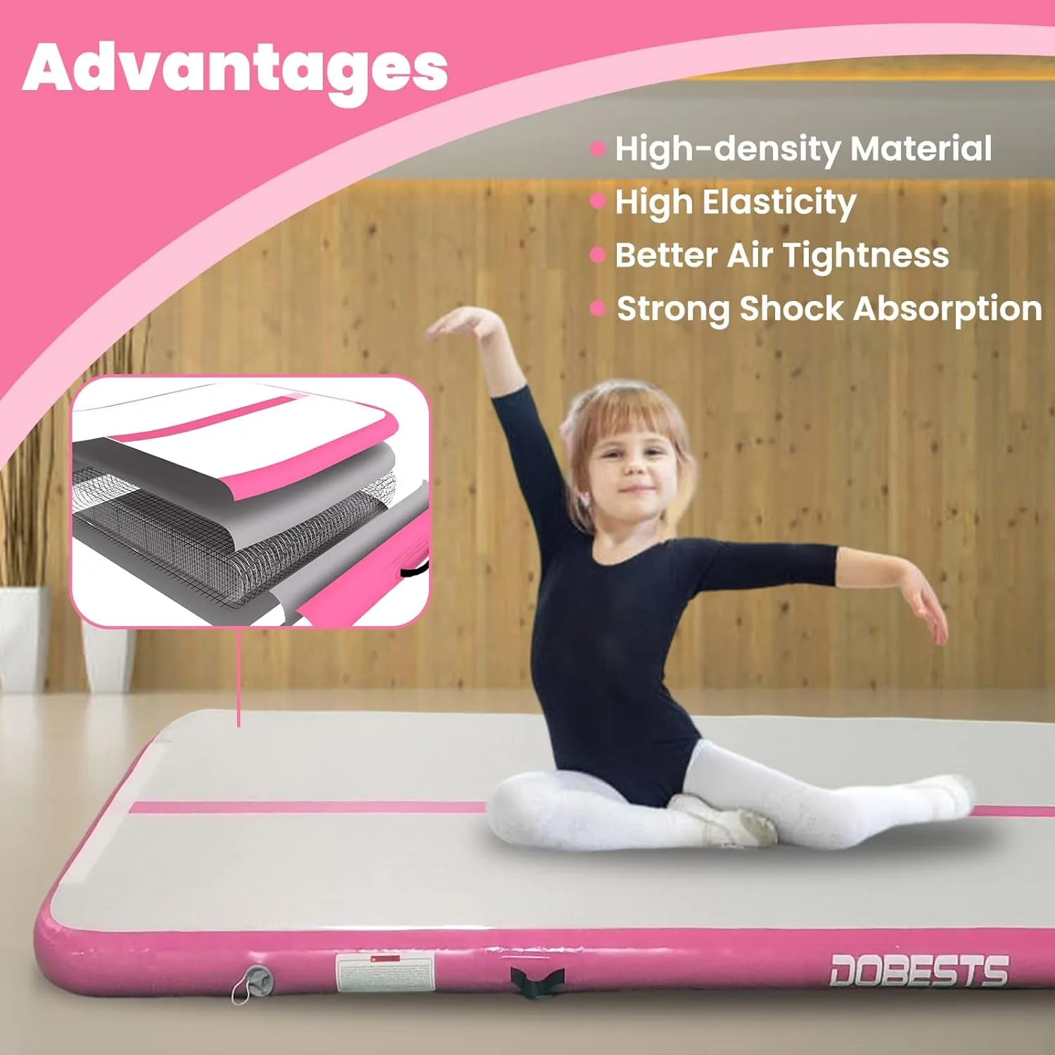 DOBESTS Inflatable Gymnastics Mat Air Track Tumbling Mats 6.6ft 10ft 13ft 16ft 20ft 4/8 Inch Thick Air Mat Tumble Track Air Barrel Gymnastics Roller Back Handspring Trainer