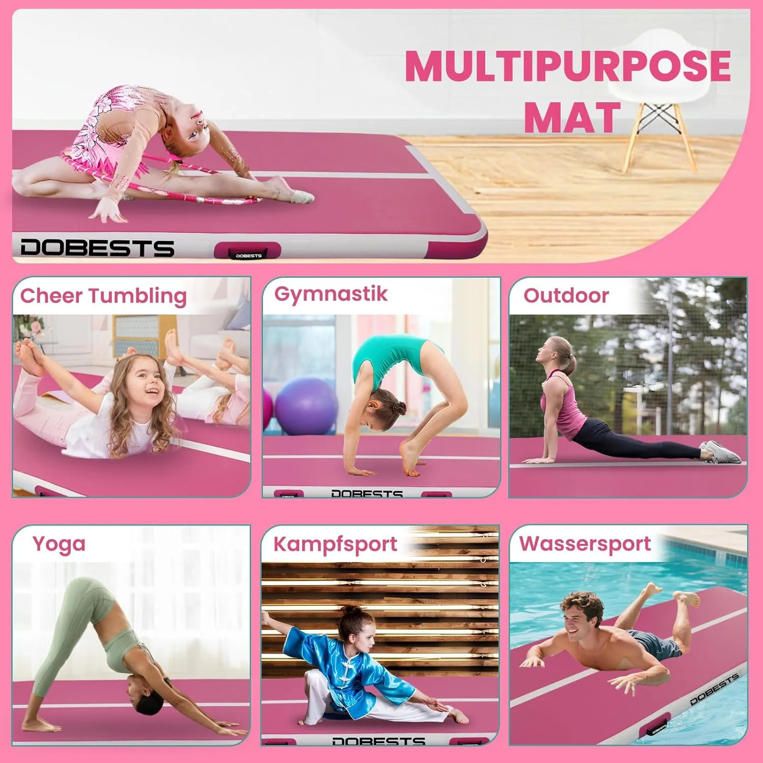 DOBESTS Inflatable Gymnastics Mat Air Track Tumbling Mats 6.6ft 10ft 13ft 16ft 20ft 4/8 Inch Thick Air Mat Tumble Track Air Barrel Gymnastics Roller Back Handspring Trainer