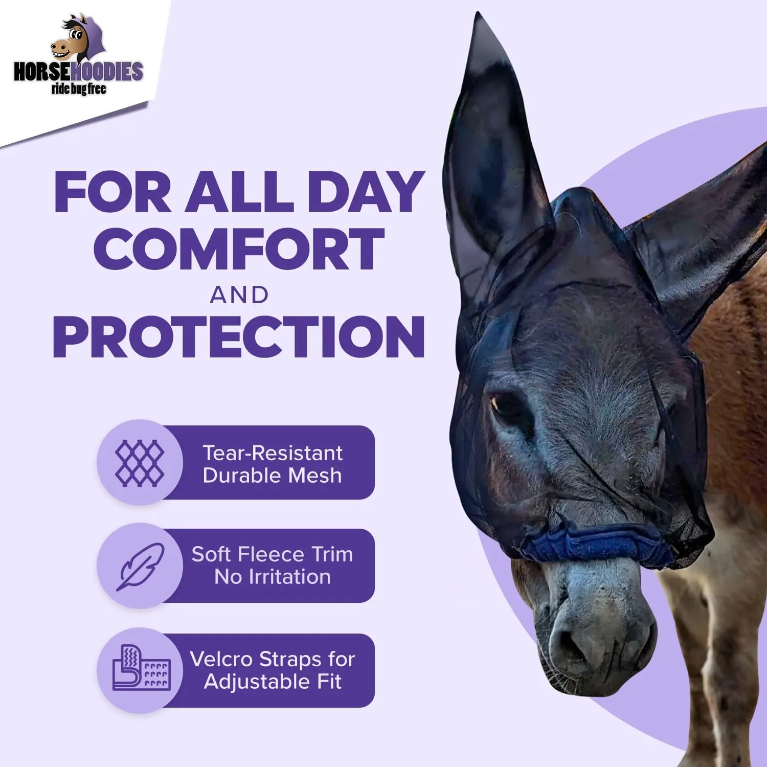 Donkey Fly Mask with Long Ears (Orange) Made in USA - Mule Fly Mask with Ears Protection from Insects and Bugs, Small Donkey Soft Mesh Fabric with Adjustable Fastener, Face Cover Supplies for Donkeys
