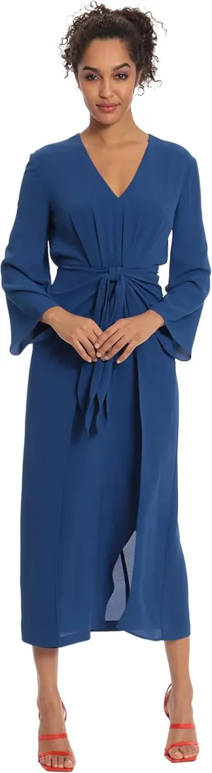 Donna Morgan Women's Long Sleeve V-Neck Midi Dress with Waist Tie
