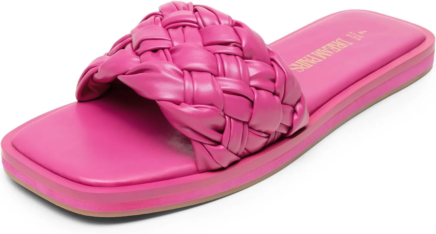 DREAM PAIRS Women's Square Open Toe Slide Sandals Cute Slip on Braided Strap Rhinestone Flat Sandals for Summer