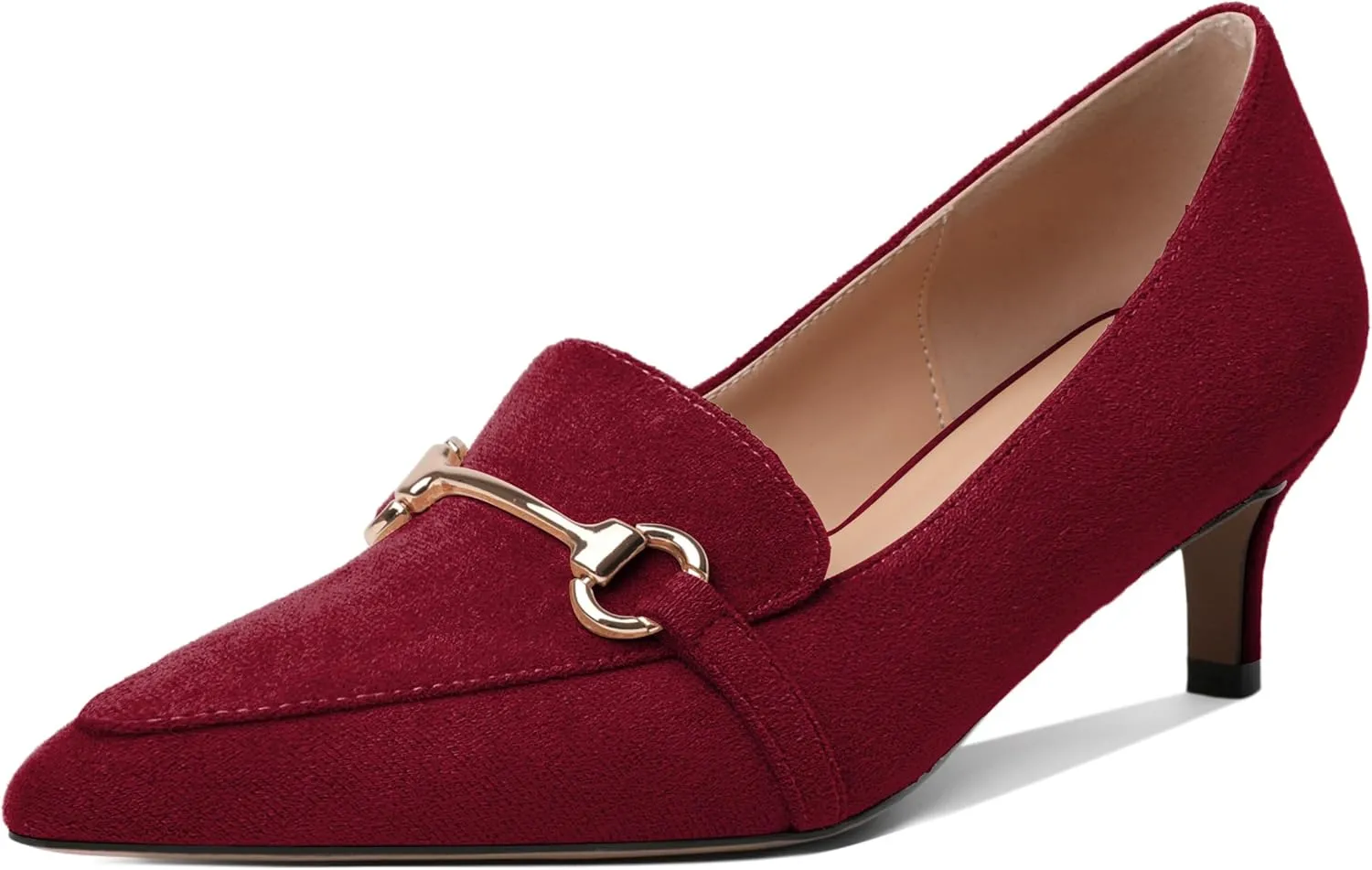 Esvowido Loafers for Women Closed Toe Kitten Heels Slip on Pumps with Chain Trims Comfortable Suede Loafer Shoes 2 Inch