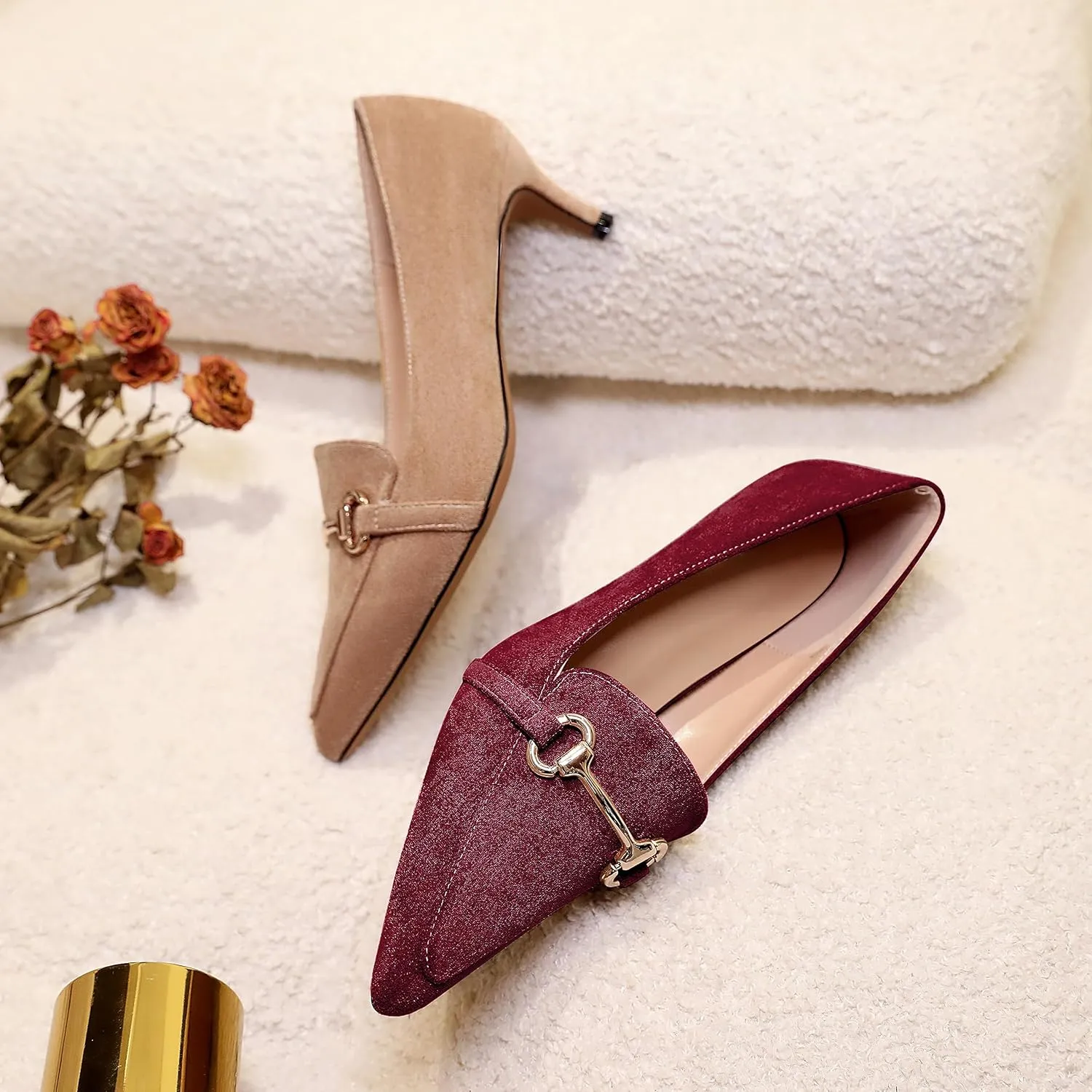 Esvowido Loafers for Women Closed Toe Kitten Heels Slip on Pumps with Chain Trims Comfortable Suede Loafer Shoes 2 Inch
