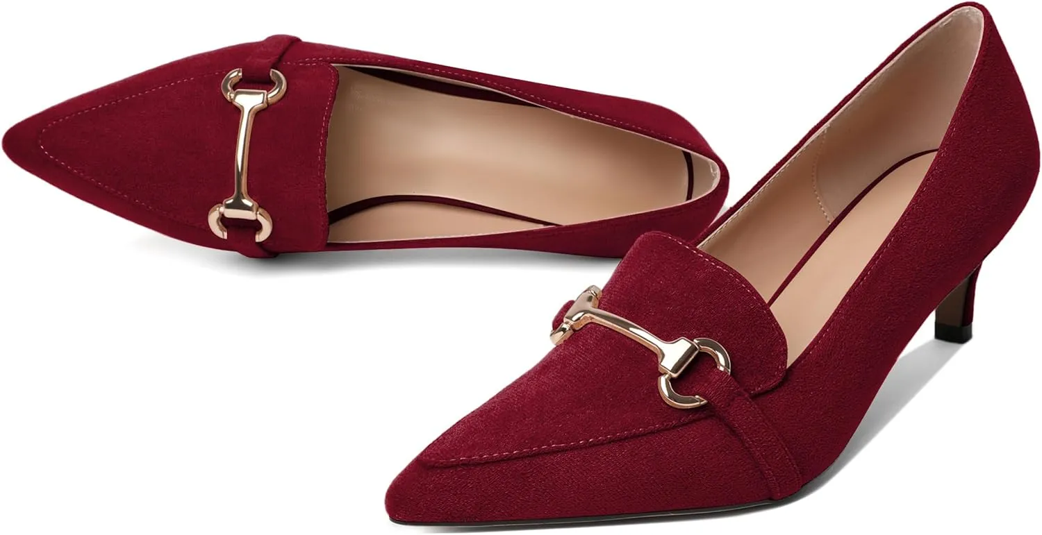 Esvowido Loafers for Women Closed Toe Kitten Heels Slip on Pumps with Chain Trims Comfortable Suede Loafer Shoes 2 Inch