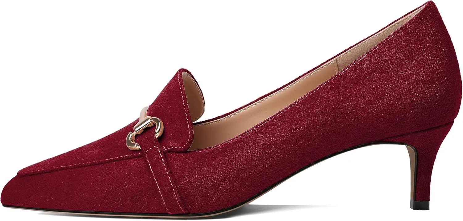 Esvowido Loafers for Women Closed Toe Kitten Heels Slip on Pumps with Chain Trims Comfortable Suede Loafer Shoes 2 Inch