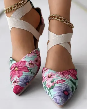 Floral Print Point Toe Crisscross Mules