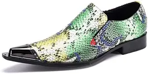 Formal Dress Oxford Shoes for Men Green Color Pointed Metal Toe Animal Pattern Flat Block Heel Slip On for Meeting Genuine Leather