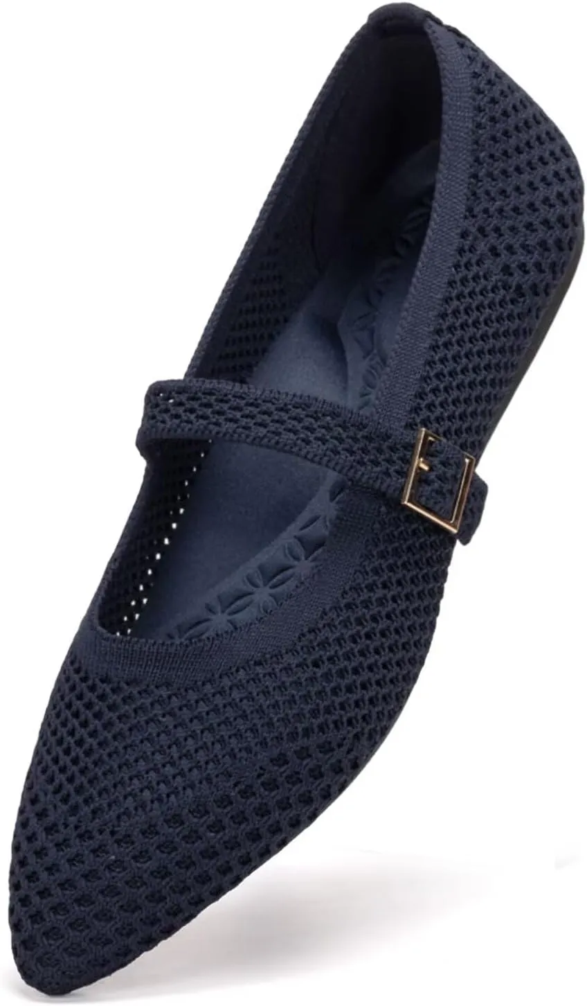 Frank Mully Women's Mesh Flats Mary Jane Shoes Pointed Toe Lightweight with Adjustable Instep Strap Knit Flat Shoes for Women Dressy Casual Washable Walking Shoes