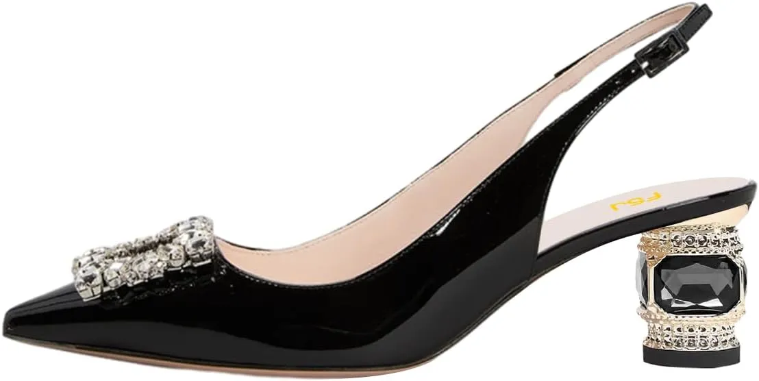 FSJ Women Fashion Crystal Square Buckle Closed Pointed Toe Slingback Pumps Rhinestone Block Low Heel Sandals Party Prom Dress Shoes Size 4-16 US