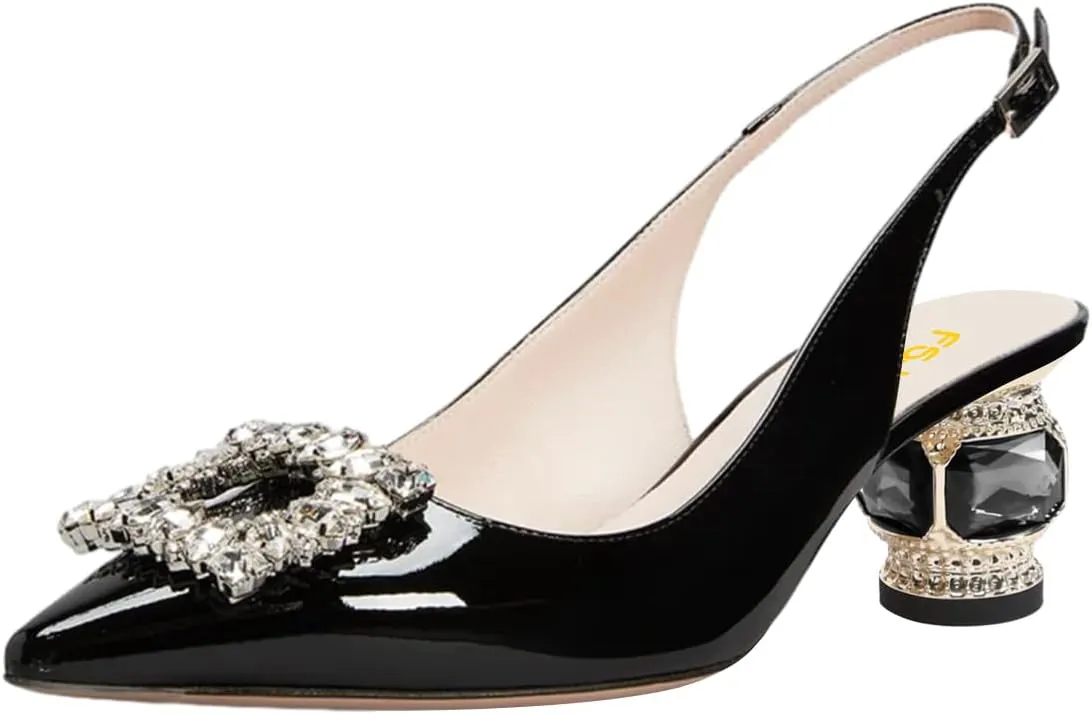 FSJ Women Fashion Crystal Square Buckle Closed Pointed Toe Slingback Pumps Rhinestone Block Low Heel Sandals Party Prom Dress Shoes Size 4-16 US
